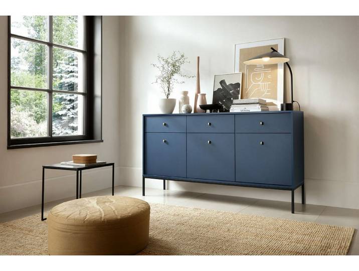 Selsey Sideboard MONNE, Sideboard 3-türig mit 3 Schubladen, Vintage-Stil, Beige / Dunkelblau