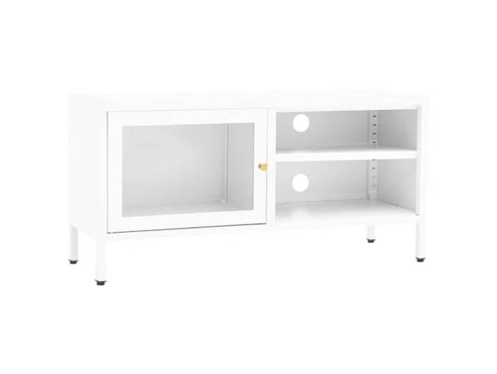 KUPTYERFG TV-Schrank Weiß 90x30x44cm Stahl Metall Lowboard Fernsehtisch Stabiles Metall-Lowboard mit Glastür und höhenverstellbaren Füßen für Ihr Wohnzimmer oder Schlafzimmer. Kompaktes Design.