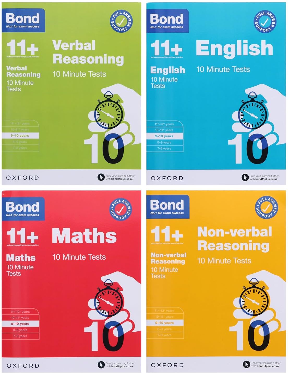 Oxford University Press (OUP Oxford) Bond 11+ 10 Minute Tests 4 Book Set - English, Maths, Verbal & Non-Verbal Reasoning - Ages 9-10 - Paperback - 11+ Exam Practice