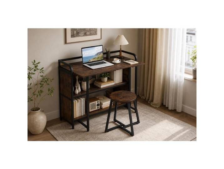 Bureau pliant - PAGE LIVING - Ensemble pliant avec banc - Tabouret portable - Station d'alim. USB-C & 2 prises - Marron rustique