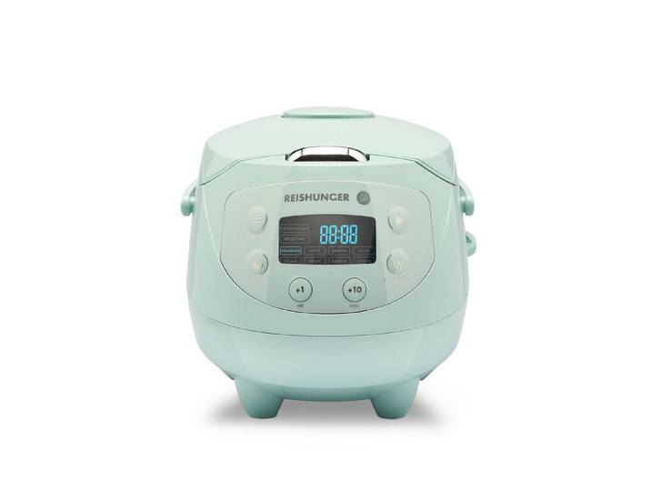 Reishunger Reiskocher Digital Mini – 0,6 L – Multikocher – 8 Programme – Keramikbeschichtung, 350 W, Dämpfeinsatz, Messbecher, Reislöffel, Timer- und Warmhaltefunktion