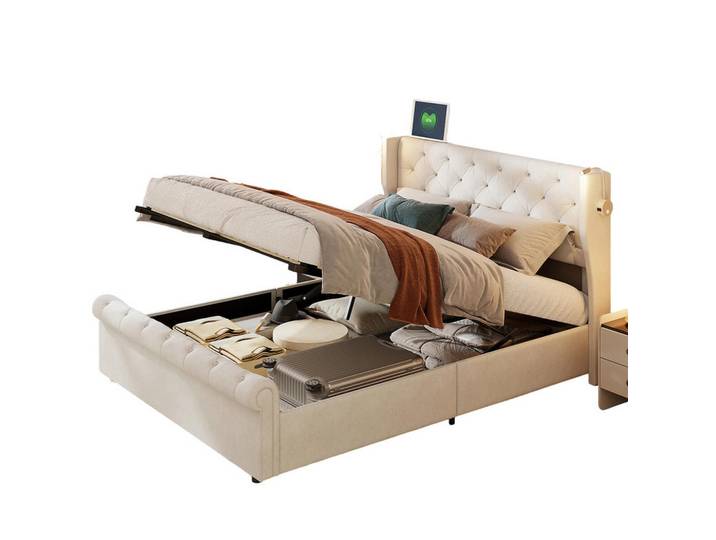 Shopentra Polsterbett 140x190 cm Beige Samt LED Gaslift Bettkasten, Holz, 140x190 cm, Schlafzimmer, Betten, Polsterbetten