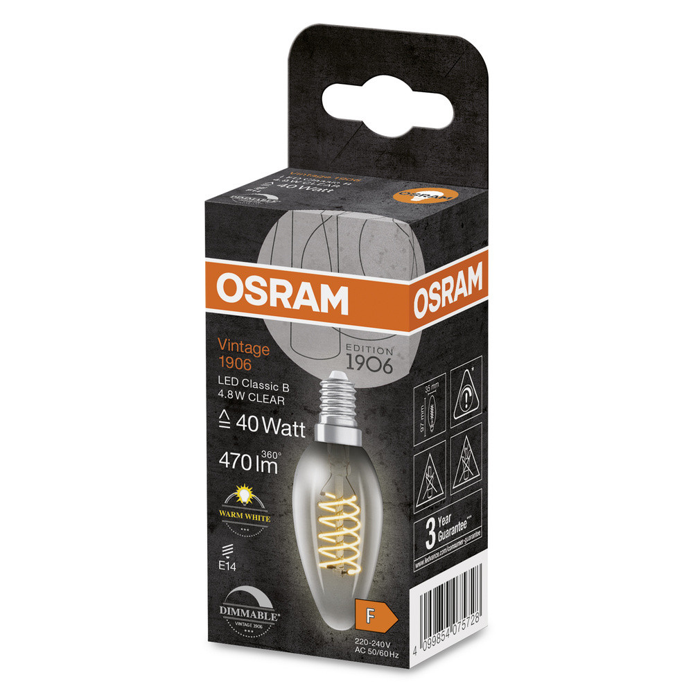 Osram LED Filament CL B 40 D, 4,8W/827, S FIL, E14, helder