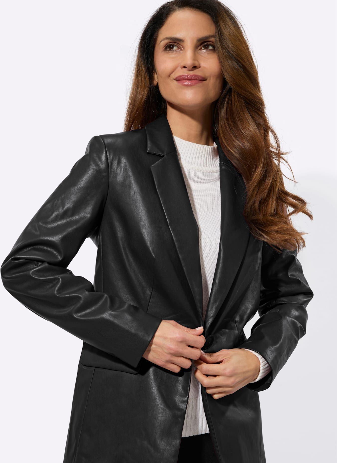 Lederimitat-Blazer INSPIRATIONEN "Lederimitat-Blazer", Damen, Gr. 48, schwarz, 100% Polyester, Blazer Lederimitat-Blazer schwarz 48