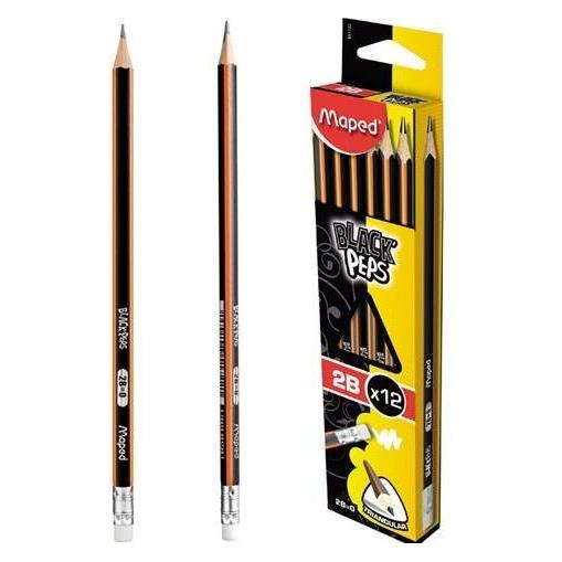 Maped Blackpeps 2B Bleistift mit Radiergummi (12 Stück) (2B, 12x) (41373936)