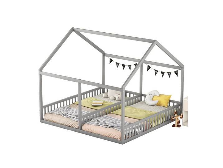 Flieks Kinderbett, Massivholz Einzelbett Doppelbett Hausbett 90x200cm 2 Liegefläche