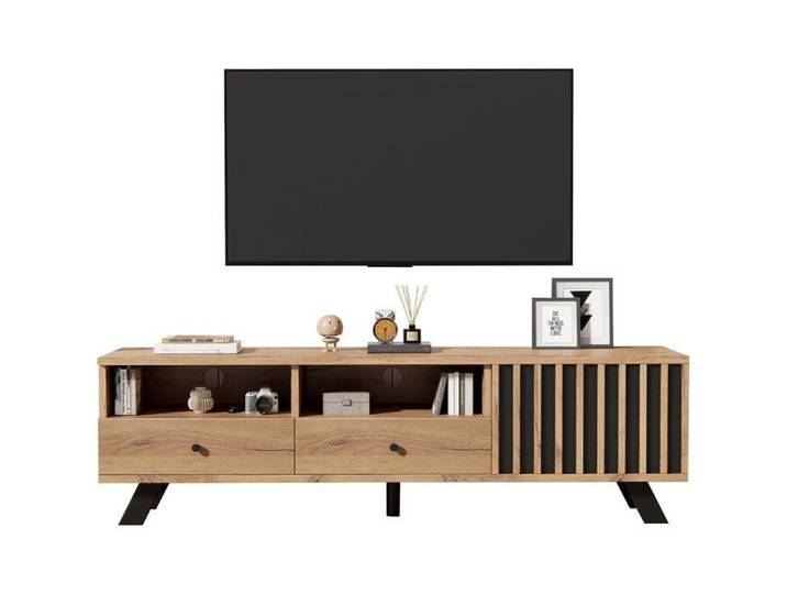Meuble TV 150cm Armoire TV 2 Tiroir et 1 porte Porte Haute 150x38x44cm Brun