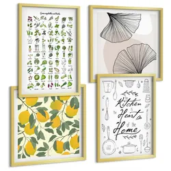 BILDER SET 4er Set - 50x50 cm & 40x60 cm Goldrahmen - Küchenkräuter-Zitronen-Malerei