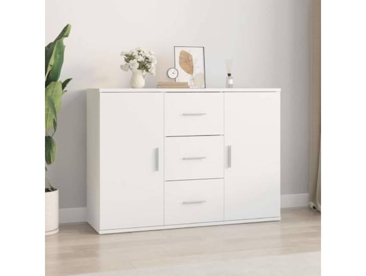 RJPLMFV Anrichte, weiß, 91 x 29,5 x 65 cm, aus Ingenieurholz 2 Türen, 3 Schubladen, Aufbewahrung für Wohnzimmer, Wandbefestigung inklusive