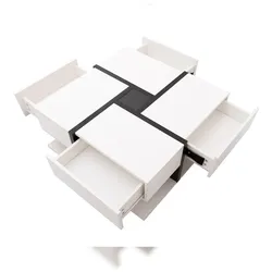 Hochglanz-Couchtisch 78x78x36 cm mit 4 Schubladen in Weiß – Kompakte Größe, elegante Oberfläche, Stauraum für Bücher und Dekor