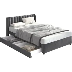OKWISH Grau Samtbett 160x200 cm mit Massivholzlattenrost – stabile Konstruktion bis 300 kg – ohne Matratze