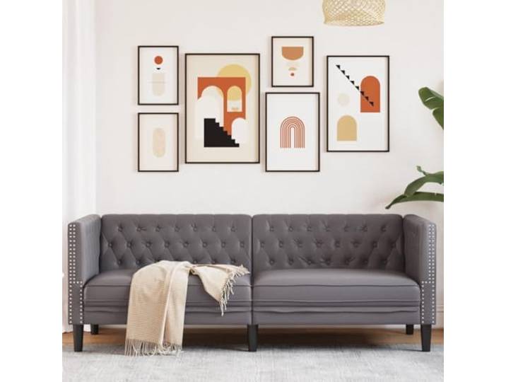 HEFZGDB Graues Kunstleder Chesterfield Sofa 3-Sitzer mit gepolsterten Sitzflächen und Knopfheftung – Langlebiges Wohnzimmer Sofa für stilvollen Komfort und Elegante Raumgestaltung,