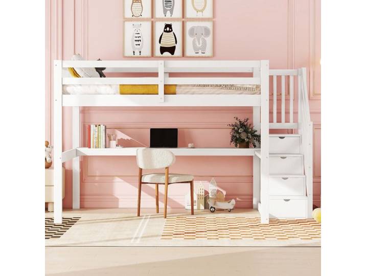 Lit mezzanine enfant - LANGTU - 140x200 - Bois de pin+MDF - Tiroirs & bureau - Blanc