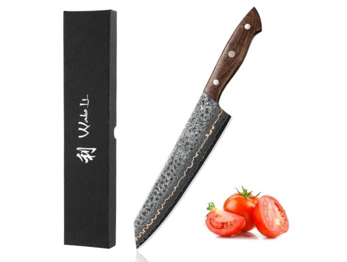 Wakoli Kawa Kiritsuke Kochmesser, 20 cm Klinge, 67 Lagen Damaststahl, VG10 Kupfereinlage, Ahornwurzelholzgriff, durchgehender Erl, 15° V-Schliff je Seite, 60 ± 2 HRC, Rechts-/Linkshänder, Geschenkbox.