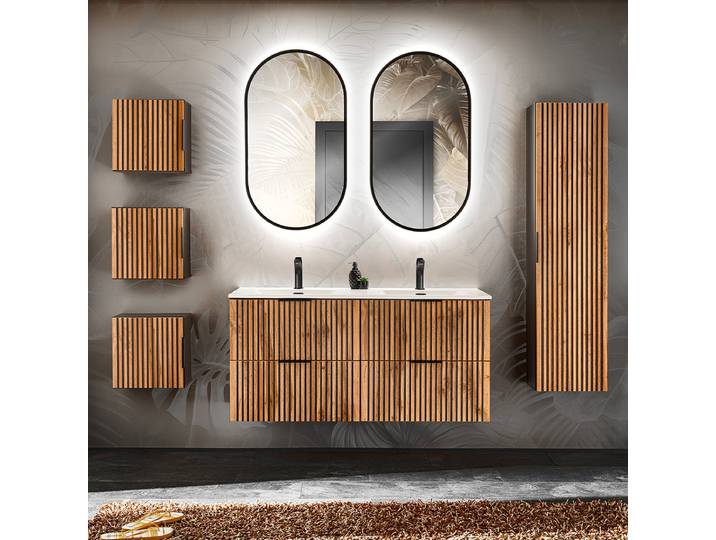 Ensemble meuble double vasque encastrée 120cm colonne et 3 armoires murales Gaia Bois et Noir