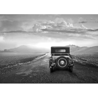 Fototapete PAPERMOON "Landschaft mit Auto Schwarz Weiß", bunt, B:4,5m L:2,8m, Vlies, Tapeten