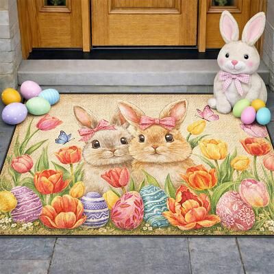 LightInthebox Easter Doormat Bunny Couple with Pink Bows Surrounded by Vibrant Tulips and Decorative Eggs Perfect Festive Spring Welcome Decor Mat