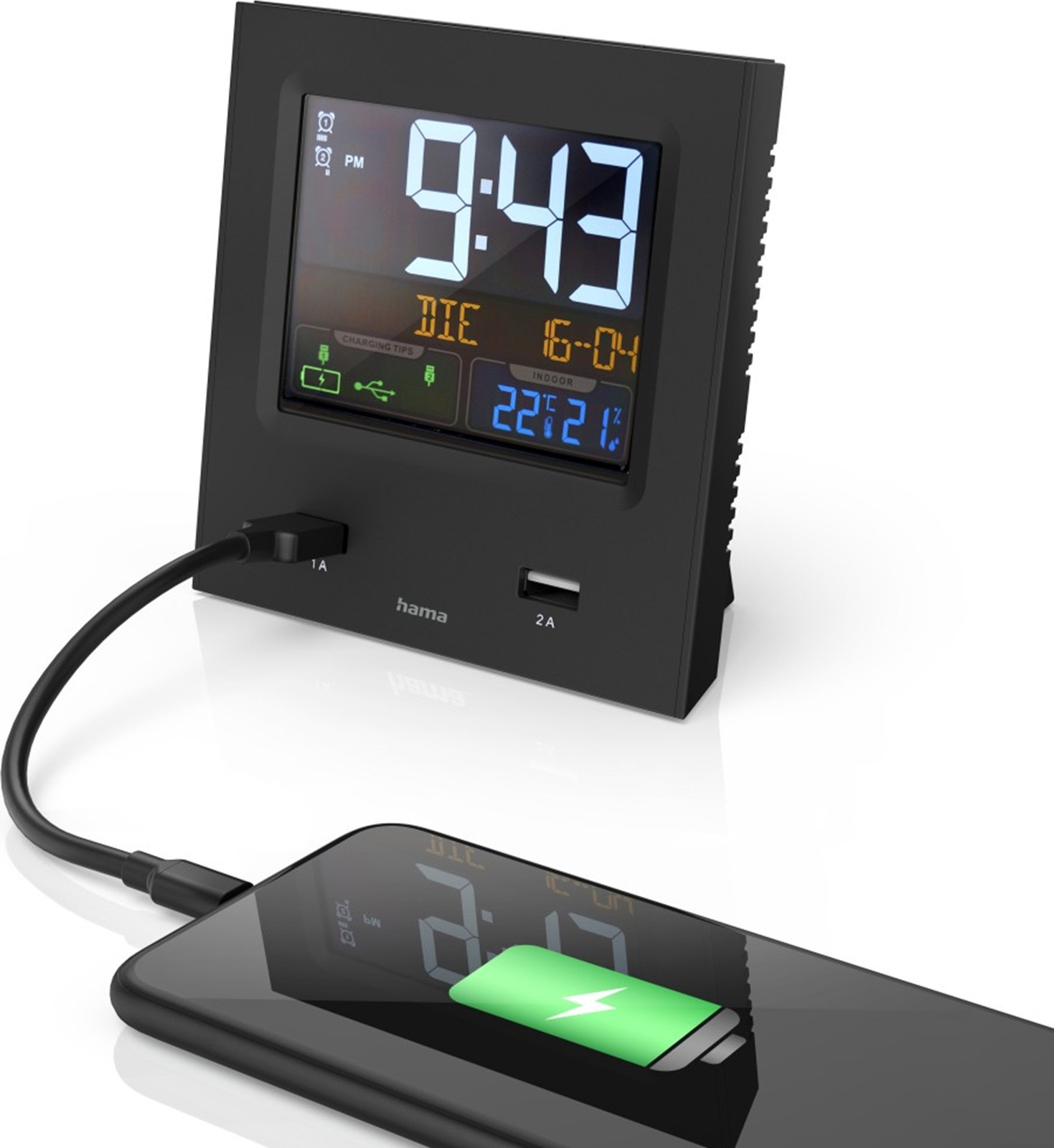 Hama Wekker met LED-kleurendisplay, dubbele USB-poort en USB-oplaadfunctie