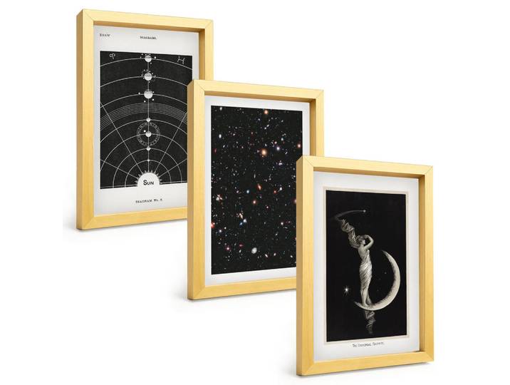 Tulup Bilder SET 3er Set - 20x30 cm Goldrahmen - Nachtdarstellung des Sonnensystems, Goldfarben, Kunststoff, Rechteckig, 20x30 cm, einfache und schnelle Anbringung, Bilder & Rahmen, Bilder