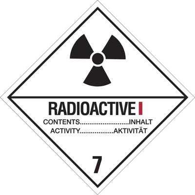 Gefahrzettel, Gefahrgutklasse 7A - Radioaktive Stoffe, Kategorie: I-WEISS - 100x100 mm Folie selbstklebend