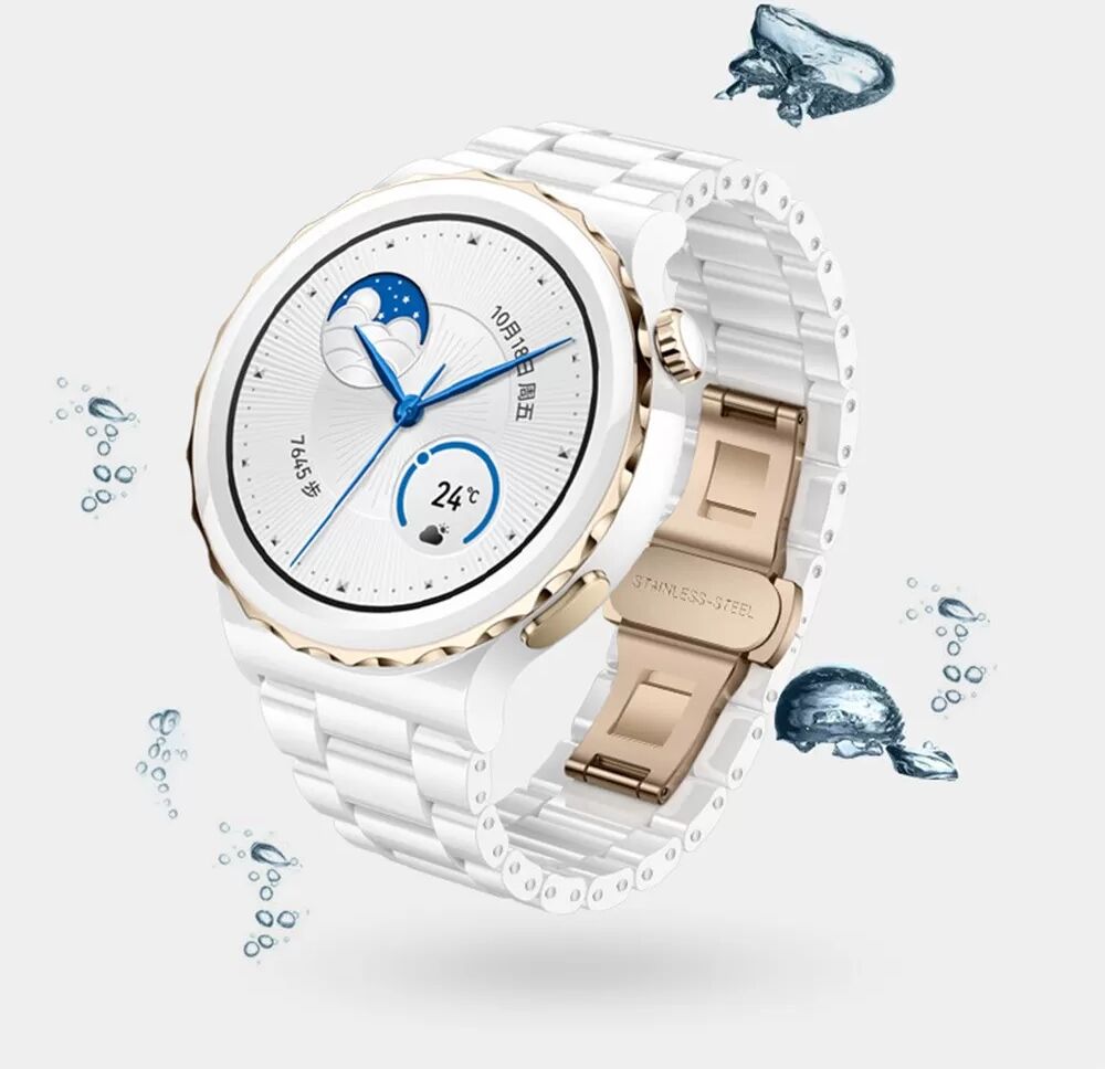 INF Keramik- & Edelstahl-Uhrenarmband kompatibel mit Huawei GT4/Buds Pro - Butterfly-Schließe 22 mm Weiß + Gold