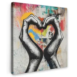 LEINWANDBILD Hände - Herz - Straßenkunst - Graffiti Wandbild Wohnzimmer 50x50 cm
