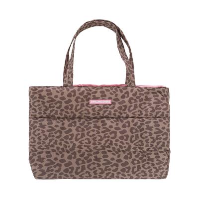 Shopper ZWILLINGSHERZ "Leo allover", Damen, Gr. B/H/T: 50cm x 35cm, braun (taupe), Polyester, Taschen Shopper, allover Animalprint, pinkes Logo, langer Schulterriemen, geräumig