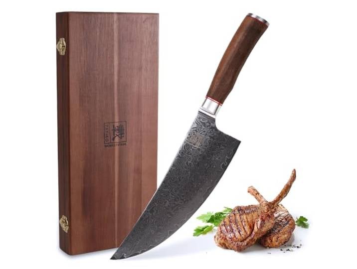 zayiko Kurumi Wiegemesser, 20 cm Klinge aus 67 Lagen Damaststahl, VG10-Kern Chinesische Form, gebogene Schneide für Wiegeschnitte; Nussbaumholzgriff, 15° V-Schliff pro Seite, 60 ± 2 HRC, inkl. Holzbox.