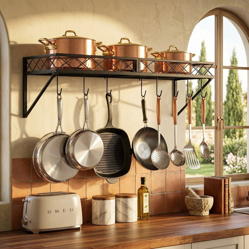 Rebrilliant Iron Rectangle Wall Mounted Pot Rack Black 22cm H X 69cm W X 29cm D