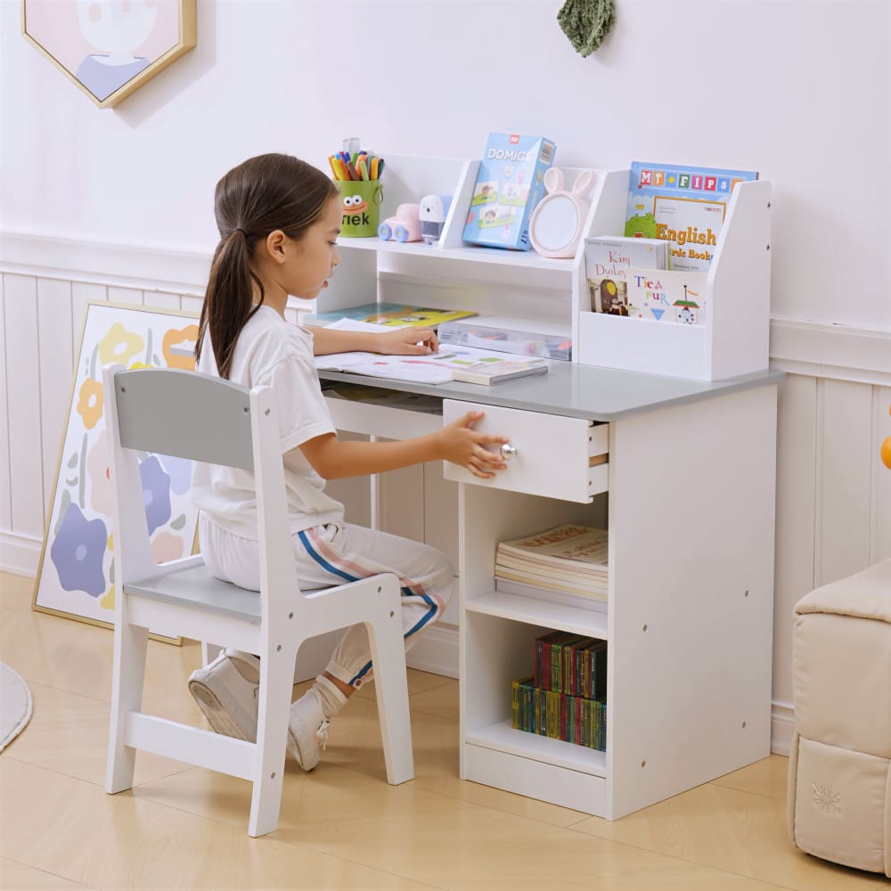 ZONEKIZ Ensemble bureau, chaise, étagère enfant multi-rangement gris Gris 90x90x45cm