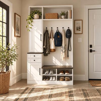 FUFU&GAGA "86.6"" Hall Tree with Shoe Storage Bench,Entryway Hall Tree with 5 Coat Hooks,2 Drawers, White with Wood-Look Bench"