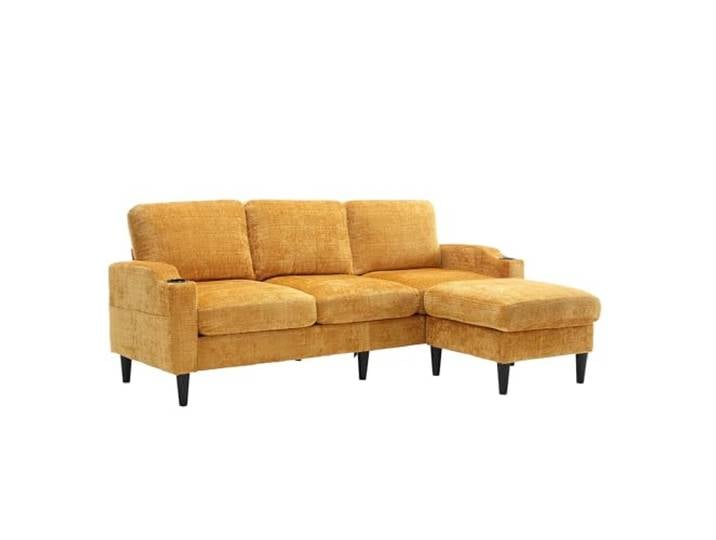 Ropilly 4-Sitzer Chenille Sofa mit Hocker und Stauraum, gelb 4-Sitzer-Chenille-Sofa mit Hocker, Getränkehaltern und Stauraum für das Wohnzimmer