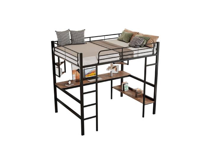Merax Hochbett mit Schreibtisch und Leiter, Metallbett 90x200cm, Kinderbett