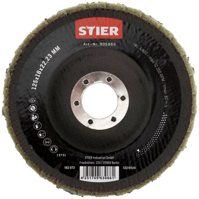 Disques abrasifs à lamelles en nylon STIER 125 x 18 x 22,23 mm, grain fin 5x (905969)