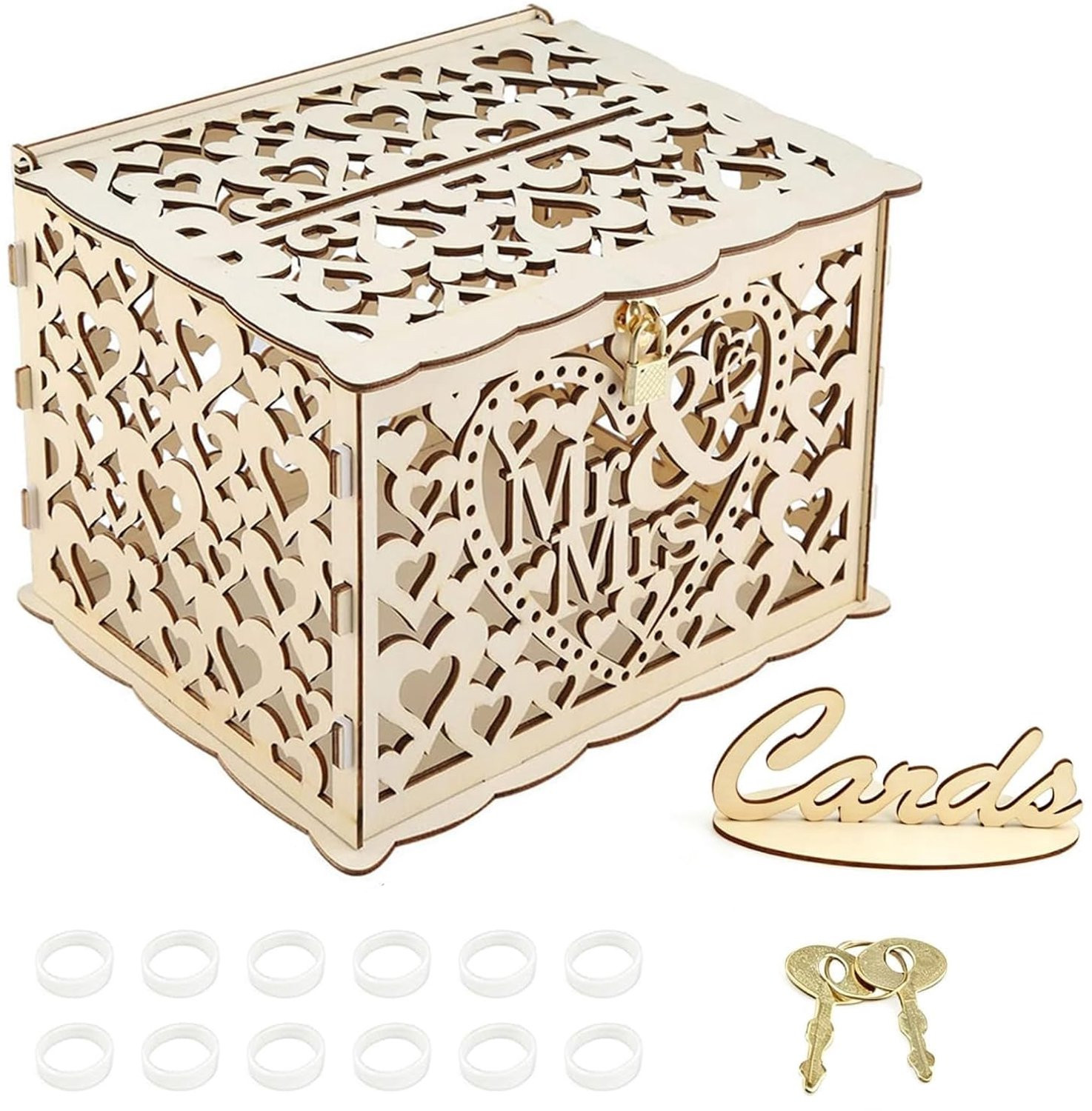 Houten bruiloftskaartendoos met slot voor het opbergen van cadeaukaarten