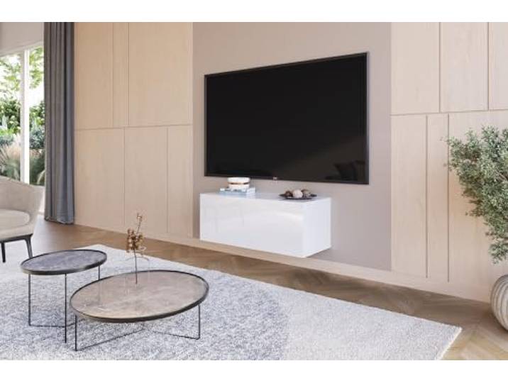 HAJDUK FURNITURE Lowboard Hängend Hochglanz Weiß 90 cm TV Unterschrank Push to Open Griffloses Fernsehtisch für Fernseher bis 40 Zoll Wohnzimmer 90x35x40 cm Wohnwand Modern