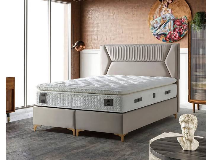 Xlmoebel Boxspringbett Beiges Polsterbett mit Matratze aus Textil und Holz von XLMOEBEL (1-St., Boxspringbett mit Matratze), Made in Europa