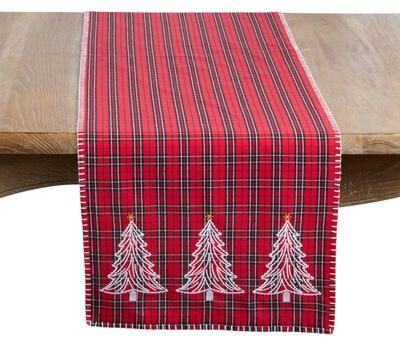Saro Plaid Christmas Tree Table Runner - Embroidered Tree Design and Classic Plaid Pattern for Christmas Dining & Entertaining