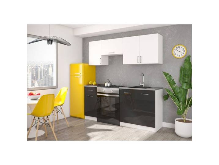 Cuisine Lecco 180 noir brillant meubles bas blanc mat meubles hauts plan de travail blanc