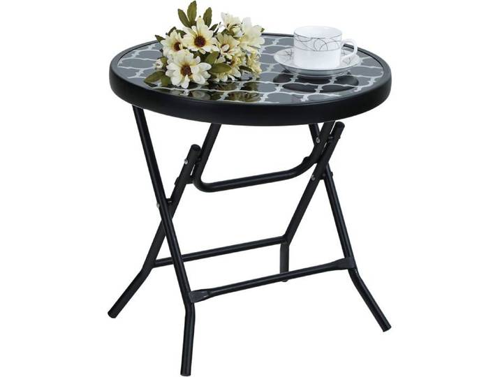 Table d'appoint ronde pliable verre et métal - Petite table balcon terrasse résistante intempéries facile entretenir pour jardin