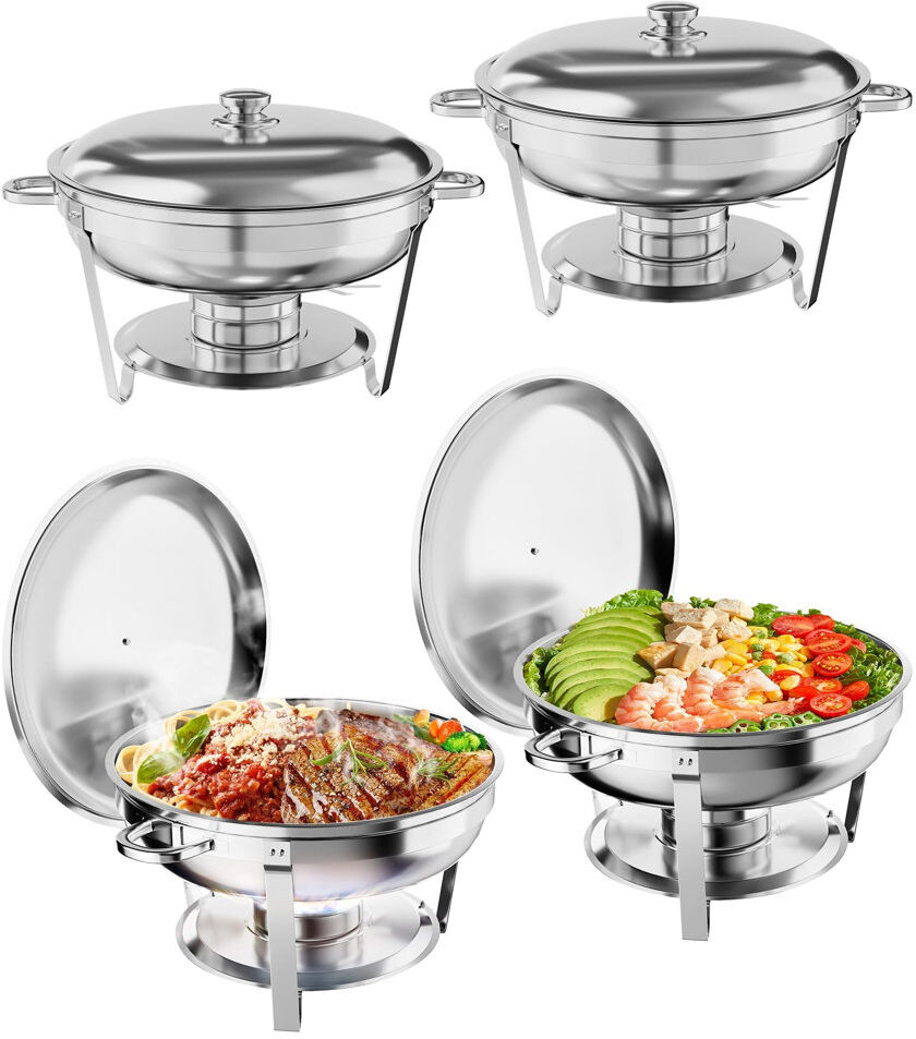 Rebrilliant Superior Food Warmer Chafing Dish Buffet Set, 4 Pack 5QT Round Stainless Steel with Lids, Stand, Spoon & Tongs, Portable for Catering, Weddings, Parti 23cm H
