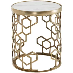 BEISTELLTISCH – rund, Marmor Weiß, Metall Gold, 46x46x55 cm