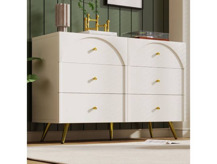 Commode 6 tiroirs 120x40x85 cm crème blanche avec façades arche et pieds métalliques réglables FOLYNA