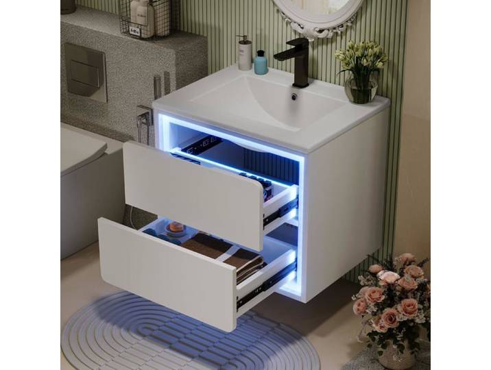 Armoire de salle de bain murale avec éclairage LED lavabo en céramique intégré Armoire Murale Meuble de Salle de Bain