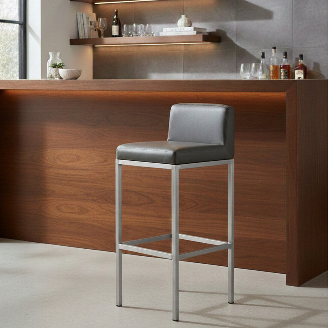 Hykkon Madeline Yes Upholstered Faux Leather Bar Stool with Stainless Steel Frame Black/Silver 84cm H X 35cm W X 35cm D