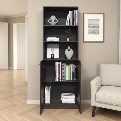ZWYO HOSIMU "71"" Tall Bookcase with 2 Open Display Racks, Double-Door Concealed Cabinet, Walnut Stained Frame & Clutter-Free Organization"