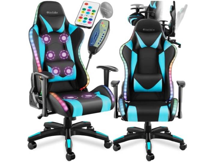 tectake® Gaming Stuhl, ergonomischer Stuhl, Bürostuhl mit Massagefunktion, Sessel für Gaming Schreibtisch, Gaming Deko LED, Möbel für Arbeitszimmer, Office, Drehstuhl, Gaming Stuhl - schwarz/Azur