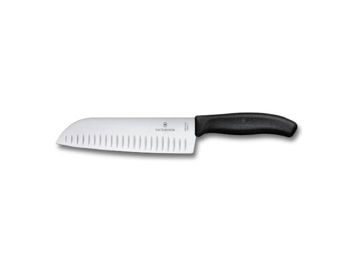 Victorinox Swiss Classic Santokumesser, Messer Asiatischer Art, Extra Scharfe Klinge, Kullenschliff, 17 cm, Rostfreier Stahl, Blister, Schwarz