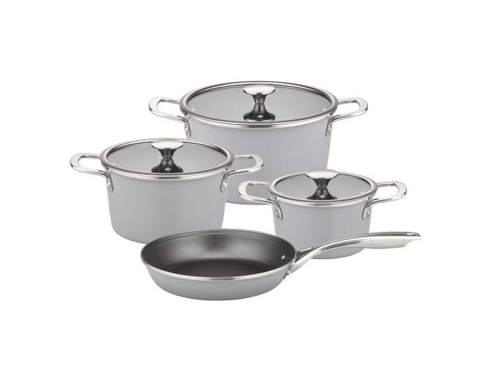 GSW Kochtopfset Stratos, Hellgrau, Metall, 4-teilig, hitzebeständig, geschmacksneutral, optimale Wärmeverteilung, leichte Reinigung, schadstofffrei gemäß EU-Standards, backofengeeignet, kratzfest, hitzebeständige Griffe,backofengeeignet, Kochgeschirr, Töpfe, Topfsets