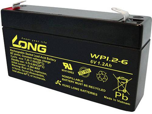 Long WP1.2-6 WP1.2-6 Bleiakku 6V 1.2Ah Blei-Vlies (AGM) (B x H x T) 97 x 57 x 25mm Flachstecker 4.8mm Geringe Selbstentladung